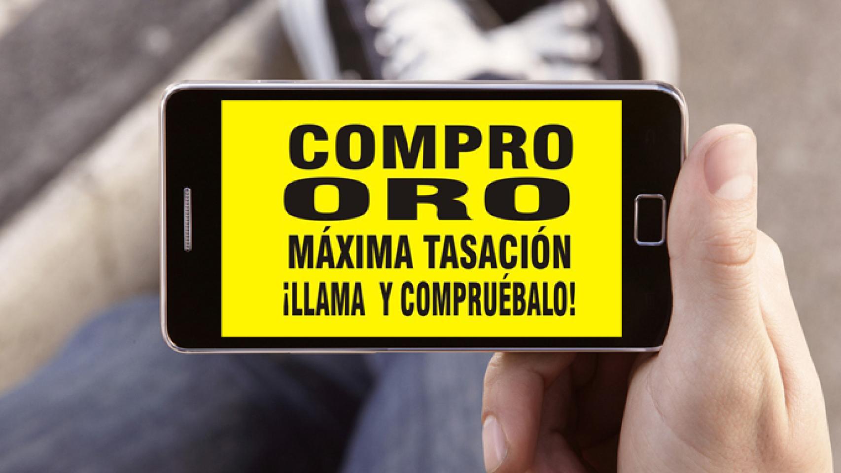 Recreación de publicidad de una firma de compraventa de oro físico.