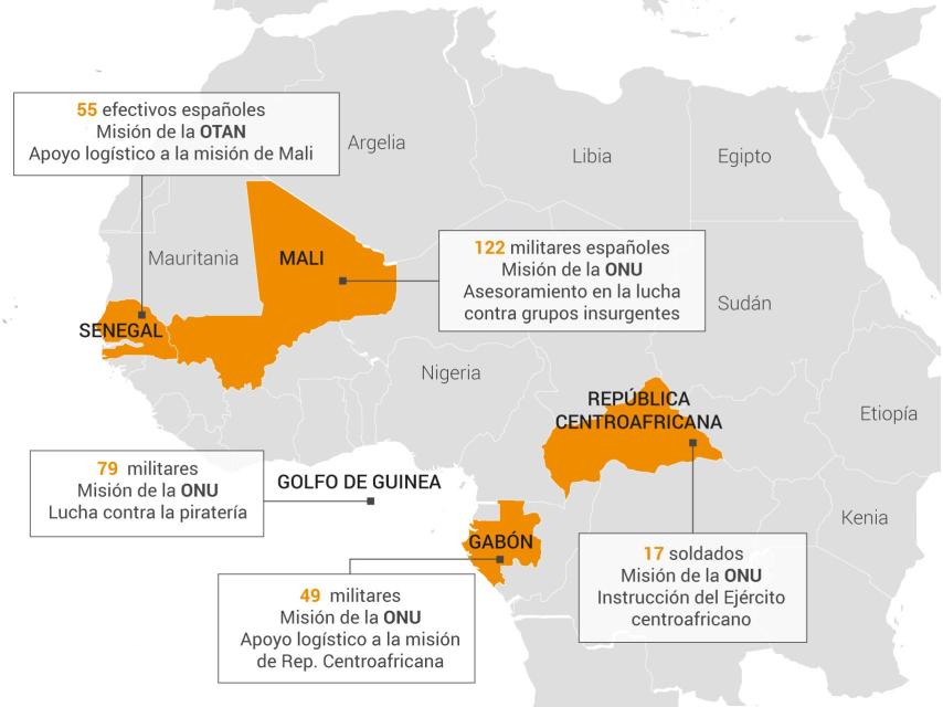Mapa del despliegue de operativos en África subsahariana.