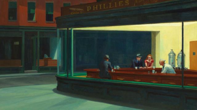Café nocturno en el cuadro Nighthawks, de Edward Hopper.