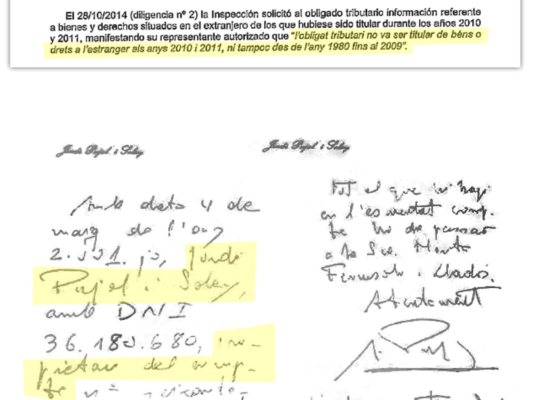 Arriba, el documento de Hacienda donde Pujol niega tener cuentas en el extranjero. Debajo, el documento enviado por el Andbank donde se reconoce dueño.