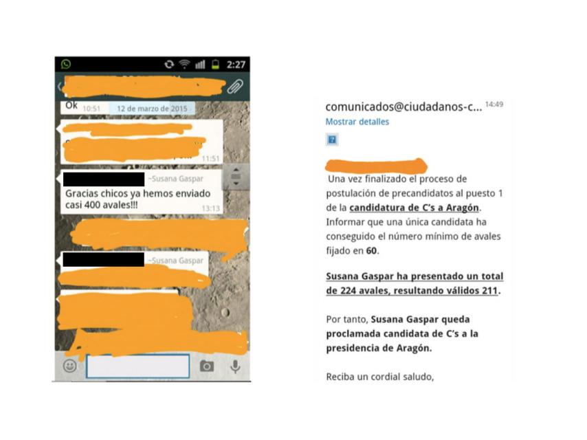 Mensaje de Susana Gaspar donde anuncia el número exagerado de avales. A la derecha, la cifra real en un mensaje oficial.
