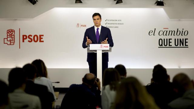 Pedro Sánchez, en una comparecencia en la sede del PSOE.