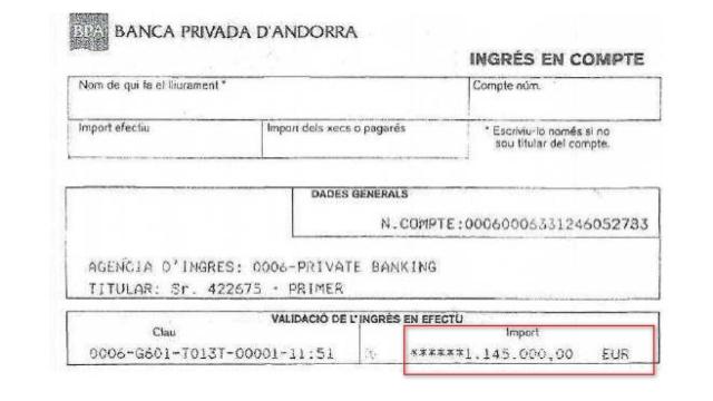 Ingreso de 1,1 millones en efectivo realizado en una cuenta del BPA andorrano.