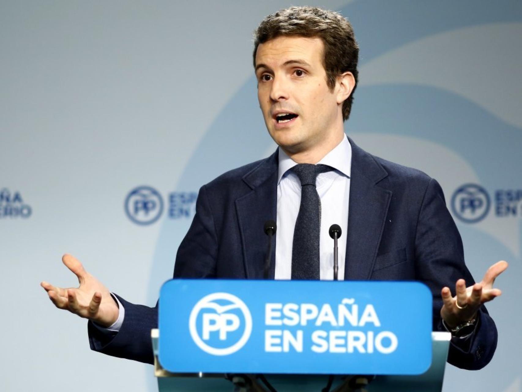 El vicesecretario de Comunicación del PP, Pablo Casado, durante la rueda de prensa.