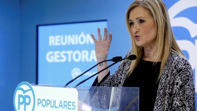 Cifuentes, este jueves durante la rueda de prensa en el PP de Madrid