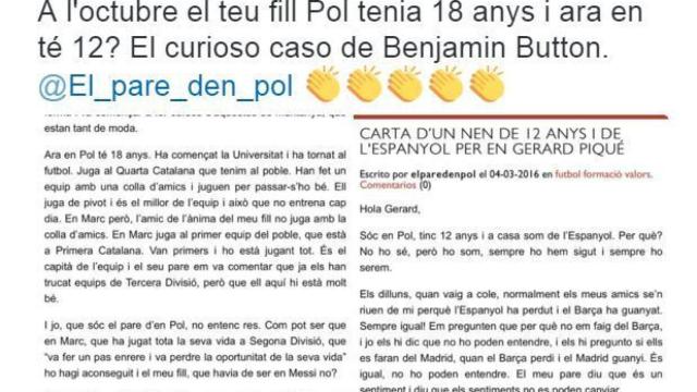 Pantallazo del tuit de Piqué respondiendo a la carta del hincha del Espanyol