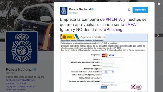 Tuit de la Policía Nacional previniendo sobre el fraude electrónico.