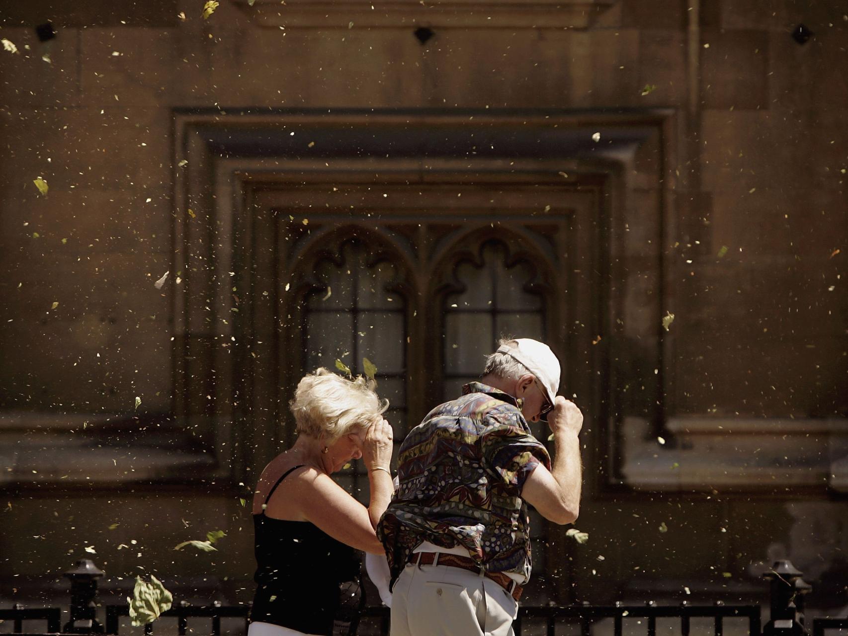 Dos personas caminan por la calle en mitad de un vendaval de alérgenos.