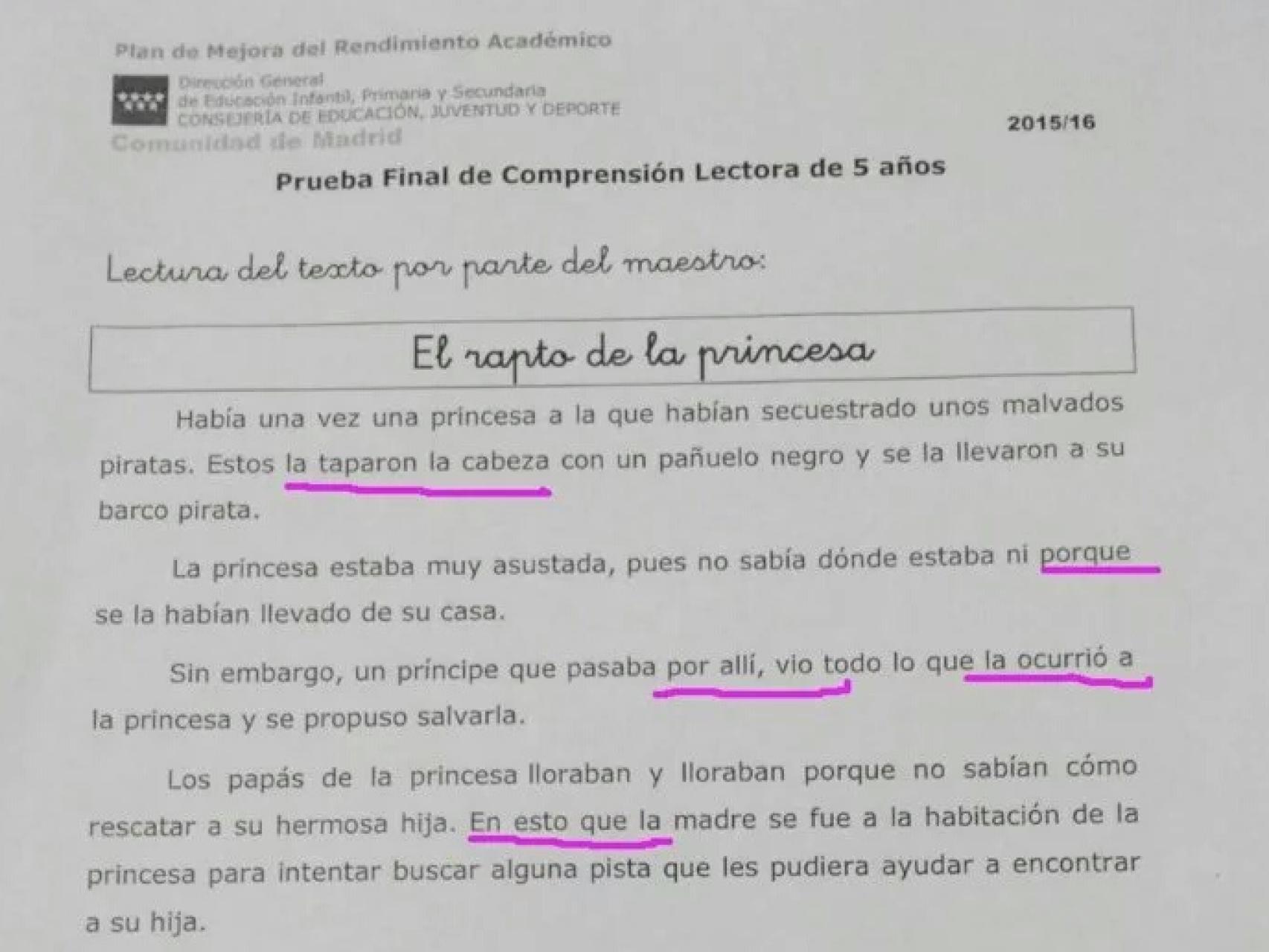 Texto de comprensión lectora de la Consejería de Educación.