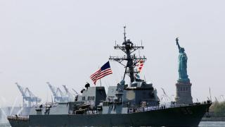 Arleigh Burke-class guided missile destroyer, USS Bainbridge, arrives in New York Harbor to mark the beginning of Fleet Week in New York