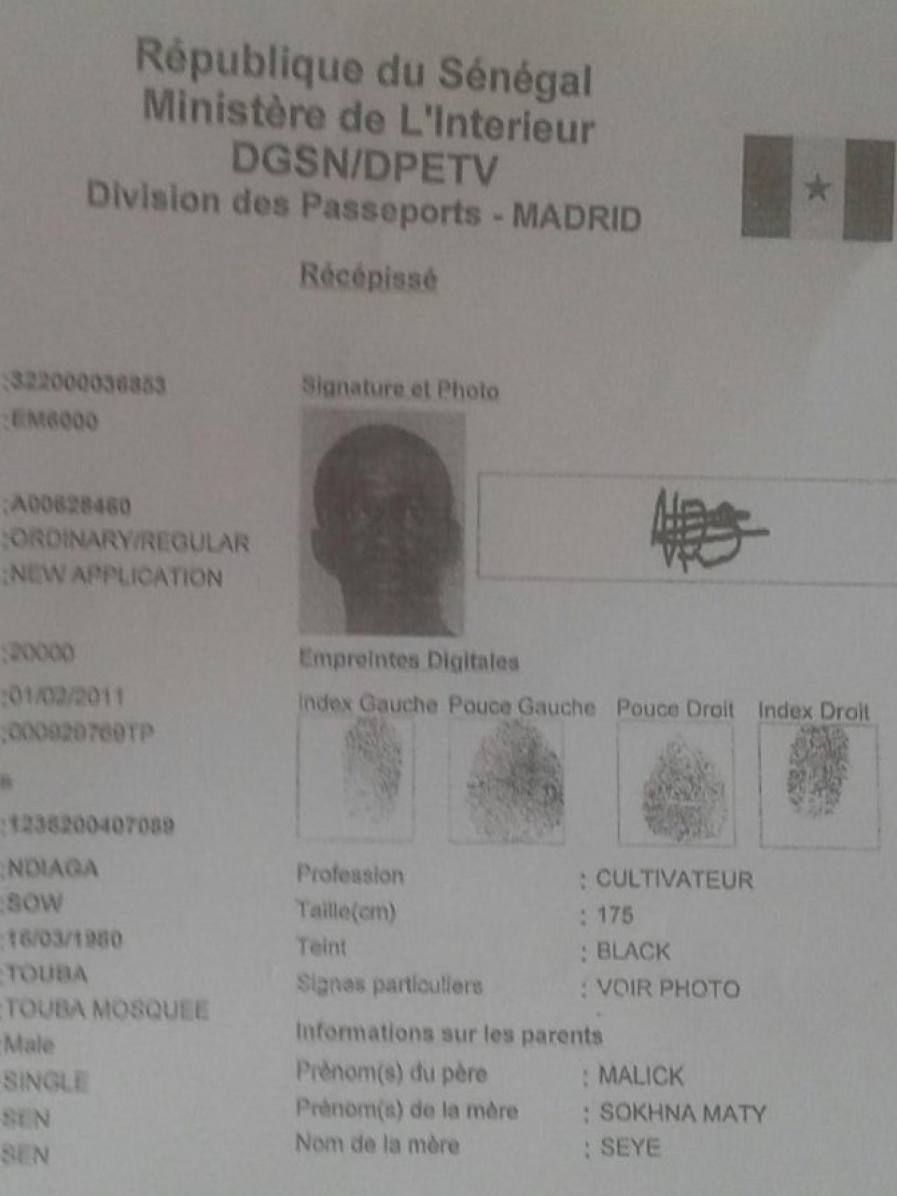 Documento enviado por Senegal para el cotejo de las huellas del inmigrante ahogado