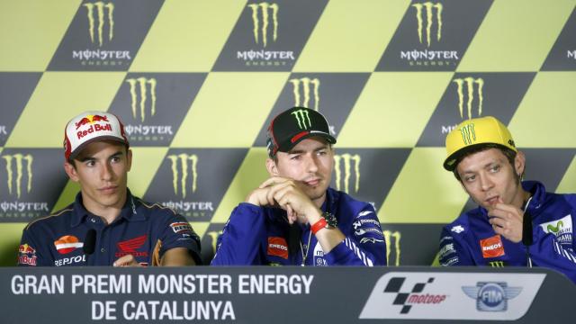 Márquez, Lorenzo y Rossi, durante la conferencia de prensa de Montmeló.