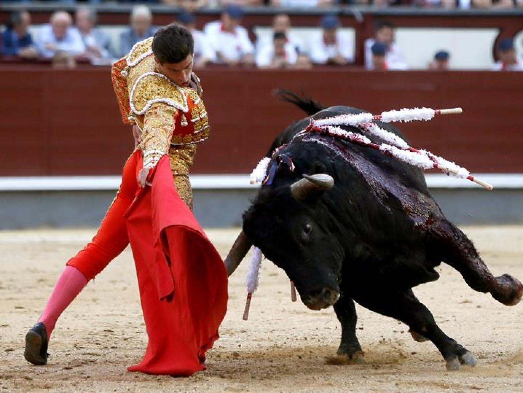 Rubén Pinar da un pase al seguno de su lote durante la vigésimo octava de la feria de San Isidro.