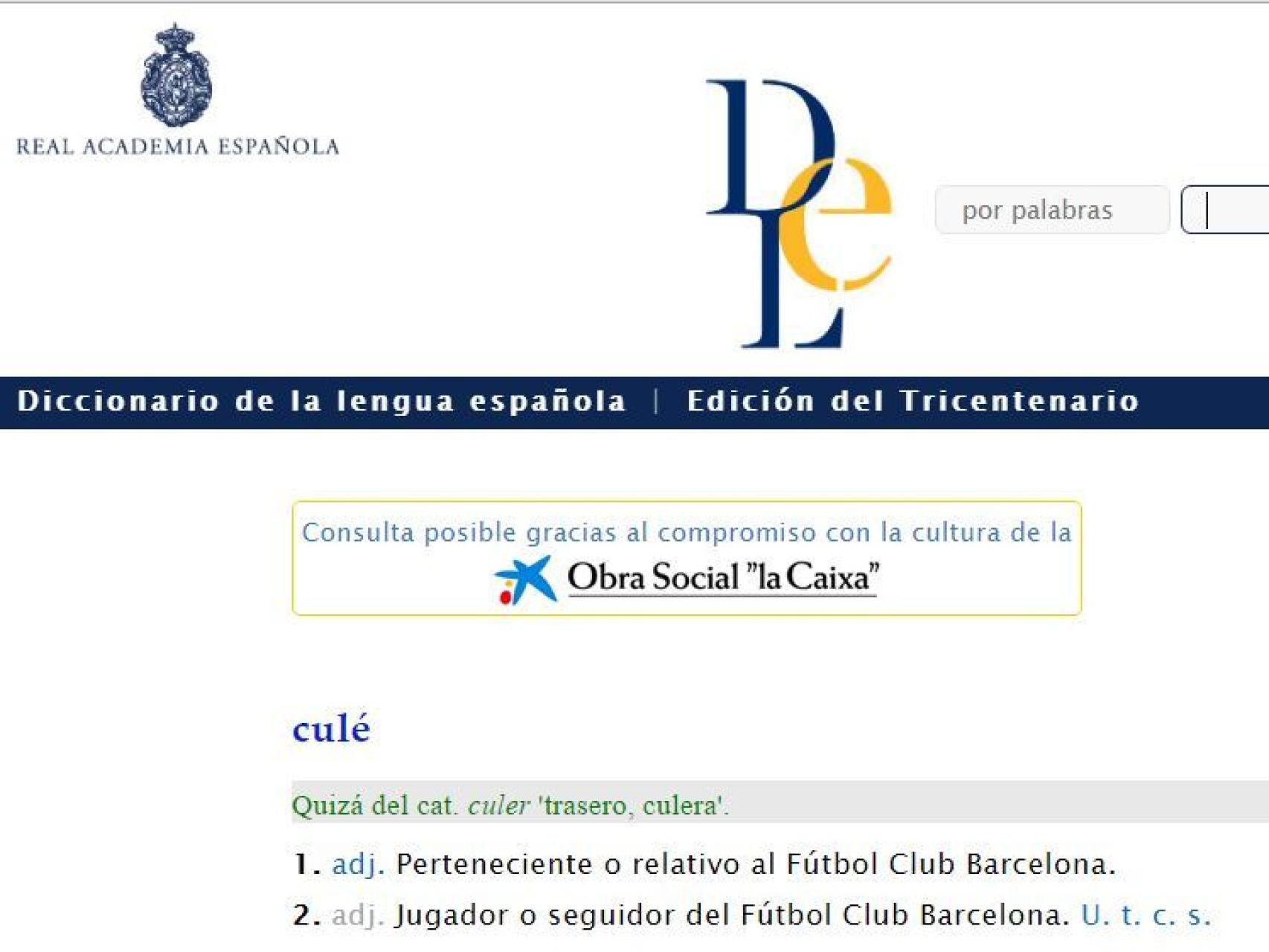 Definición de culé que aparece en el Diccionario de la RAE.