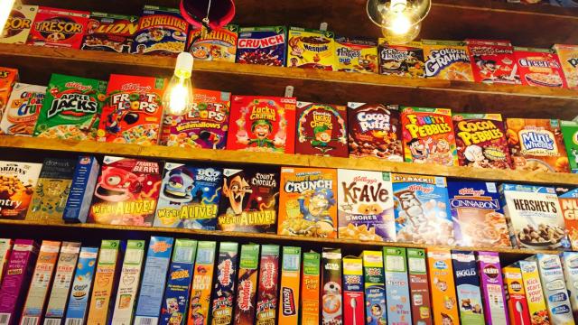 Muestrario de cereales de desayuno.