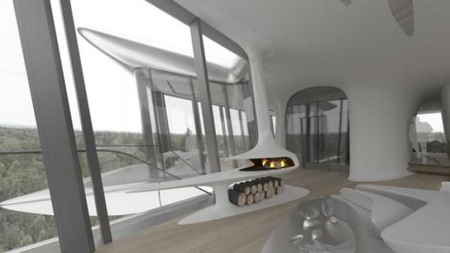Interior de la casa diseñada por Zaha Hadid a las afueras de Moscú.