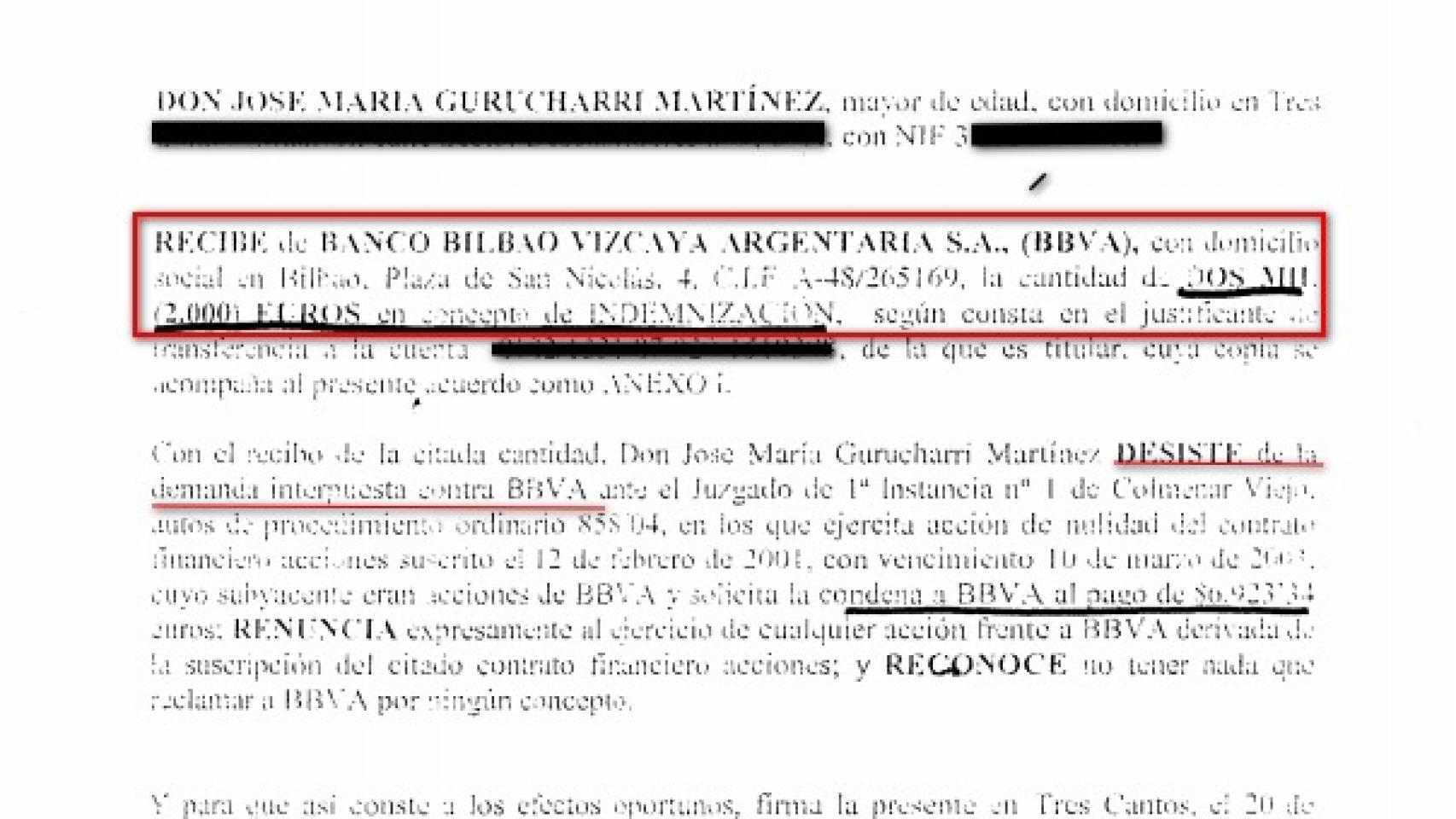 Escrito de renuncia e indemnización firmado por el afectado.