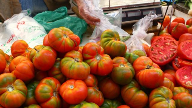 Tomates apilados en una frutería.
