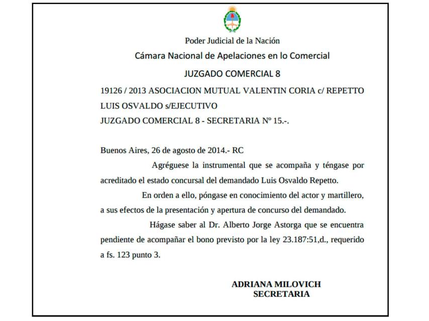 Documento que acredita la entrada en concurso del productor argentino en 2014.