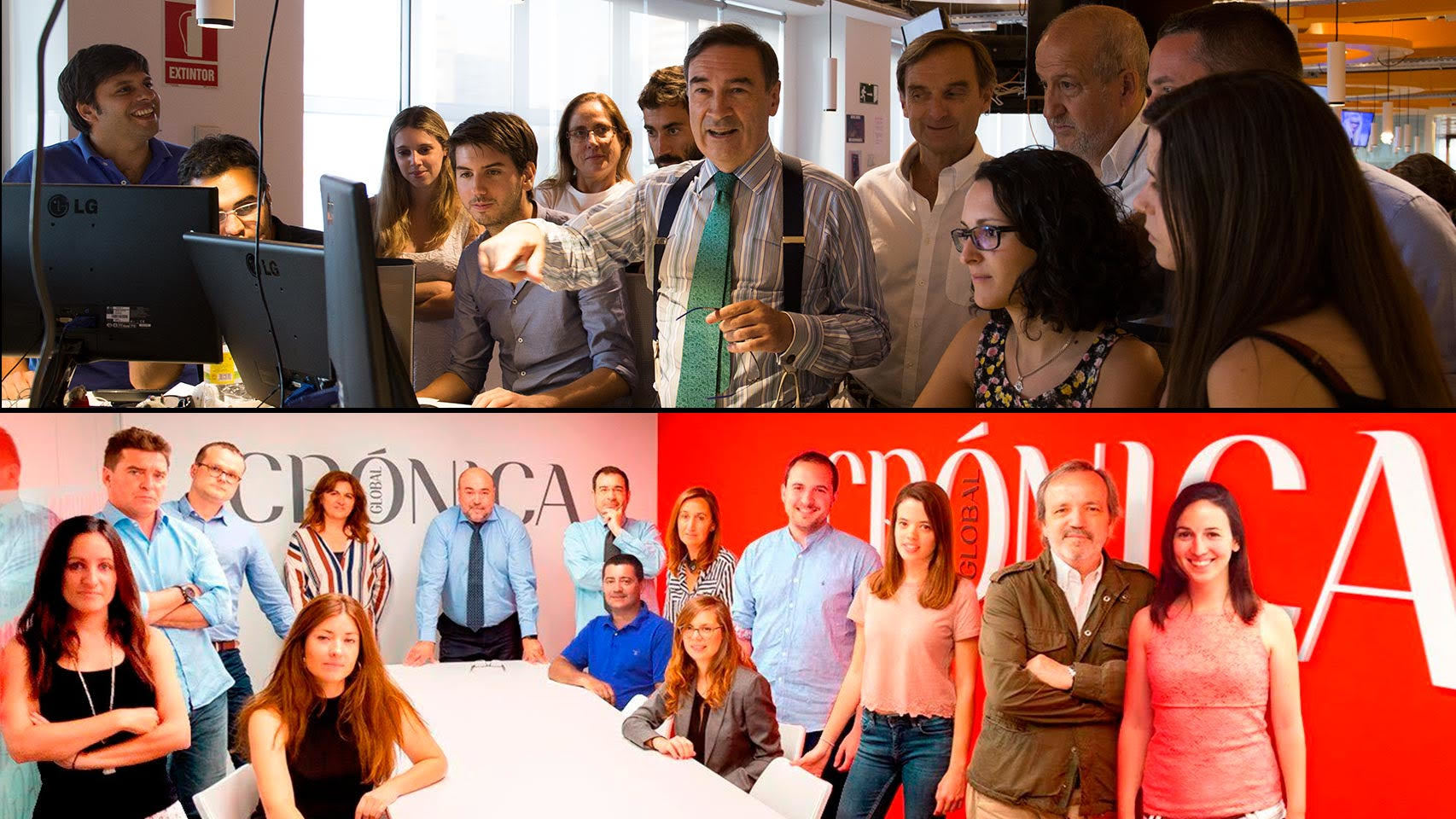 Arriba, Pedro J con parte de la redacción de EL ESPAÑOL; debajo, Xavier Salvador con el equipo de Crónica Global.