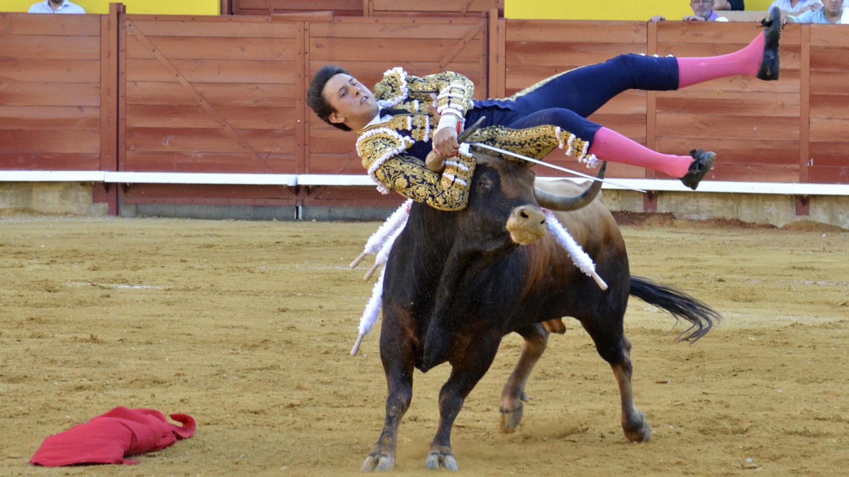 El peruano Roca Rey, cogido por el tercer toro de la tarde.