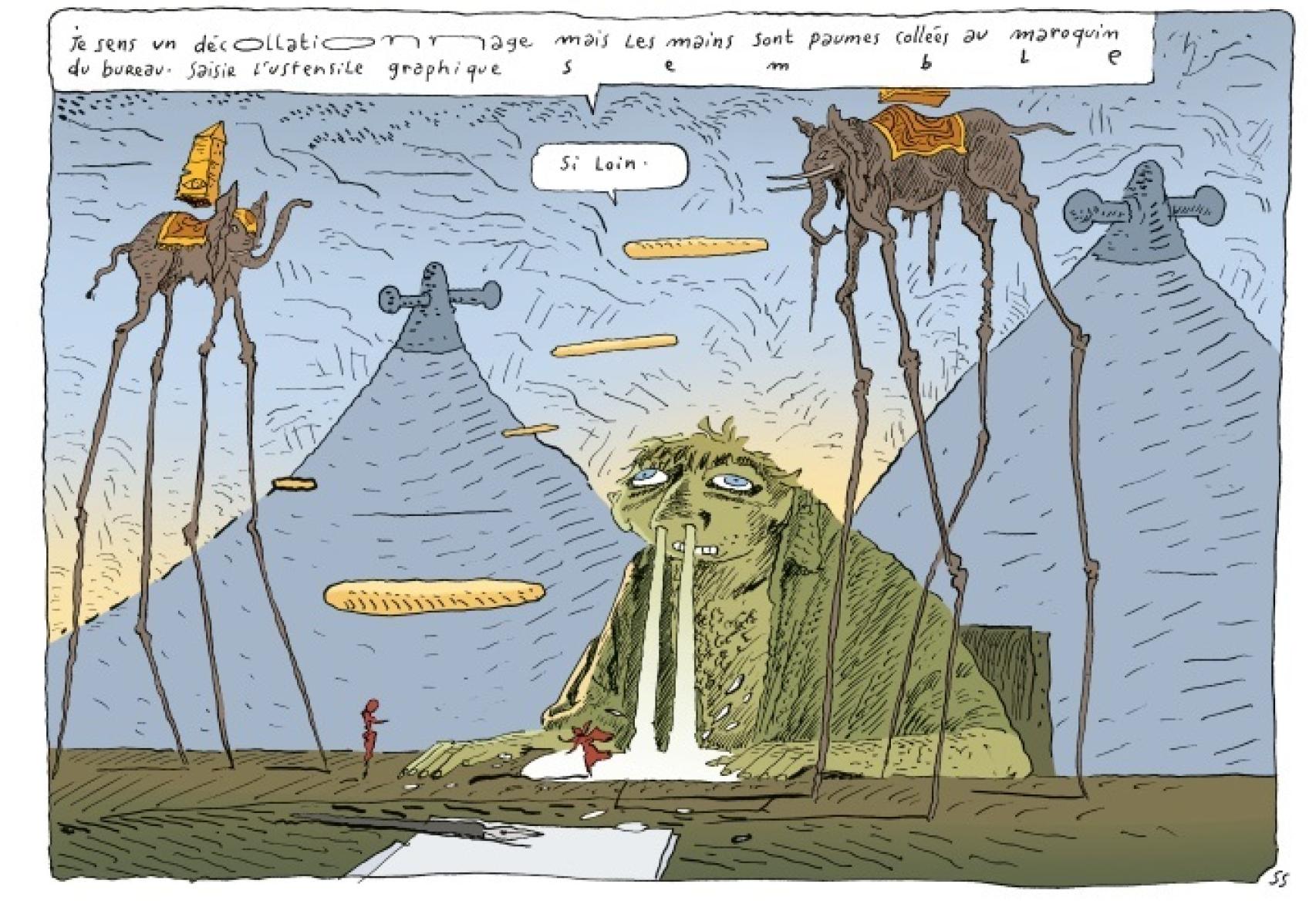 Una de las láminas expuestas, con claras referencias a la obra del catalán.