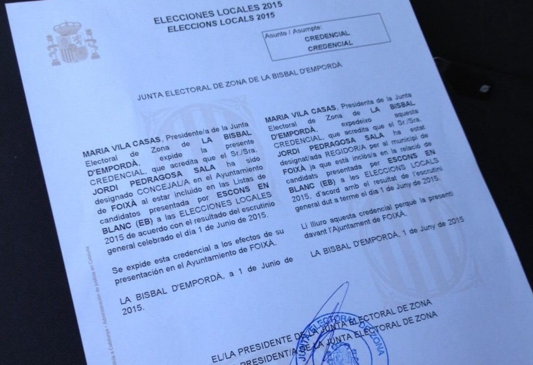 El acta de concejal de Pedragosa.