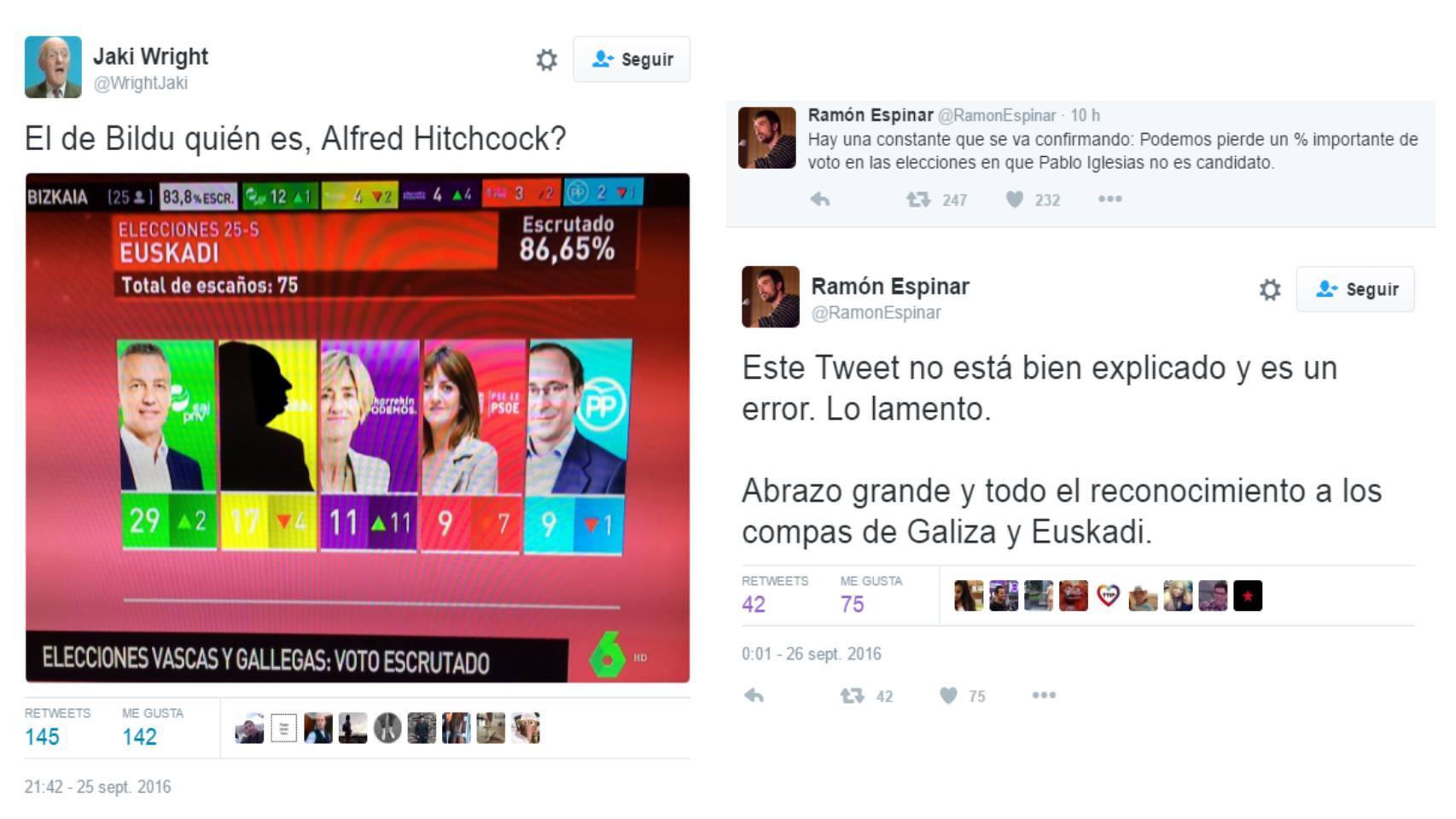 Un montaje sobre el hombre de negro de La Sexta junto al tuit con rectificación de Espinar.