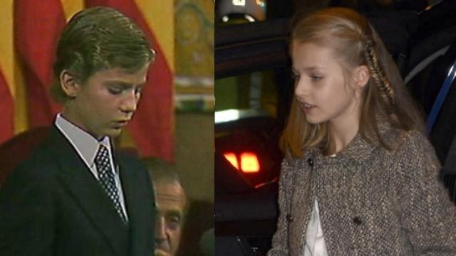 Felipe en su primer discurso en los premios. Al lado, Leonor a su llegada  a un partido de fútbol.