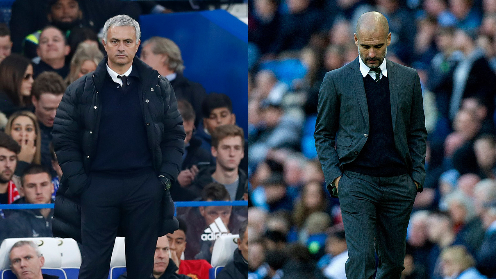 Mourinho y Guardiola durante los partidos ante Chelsea y Southampton.