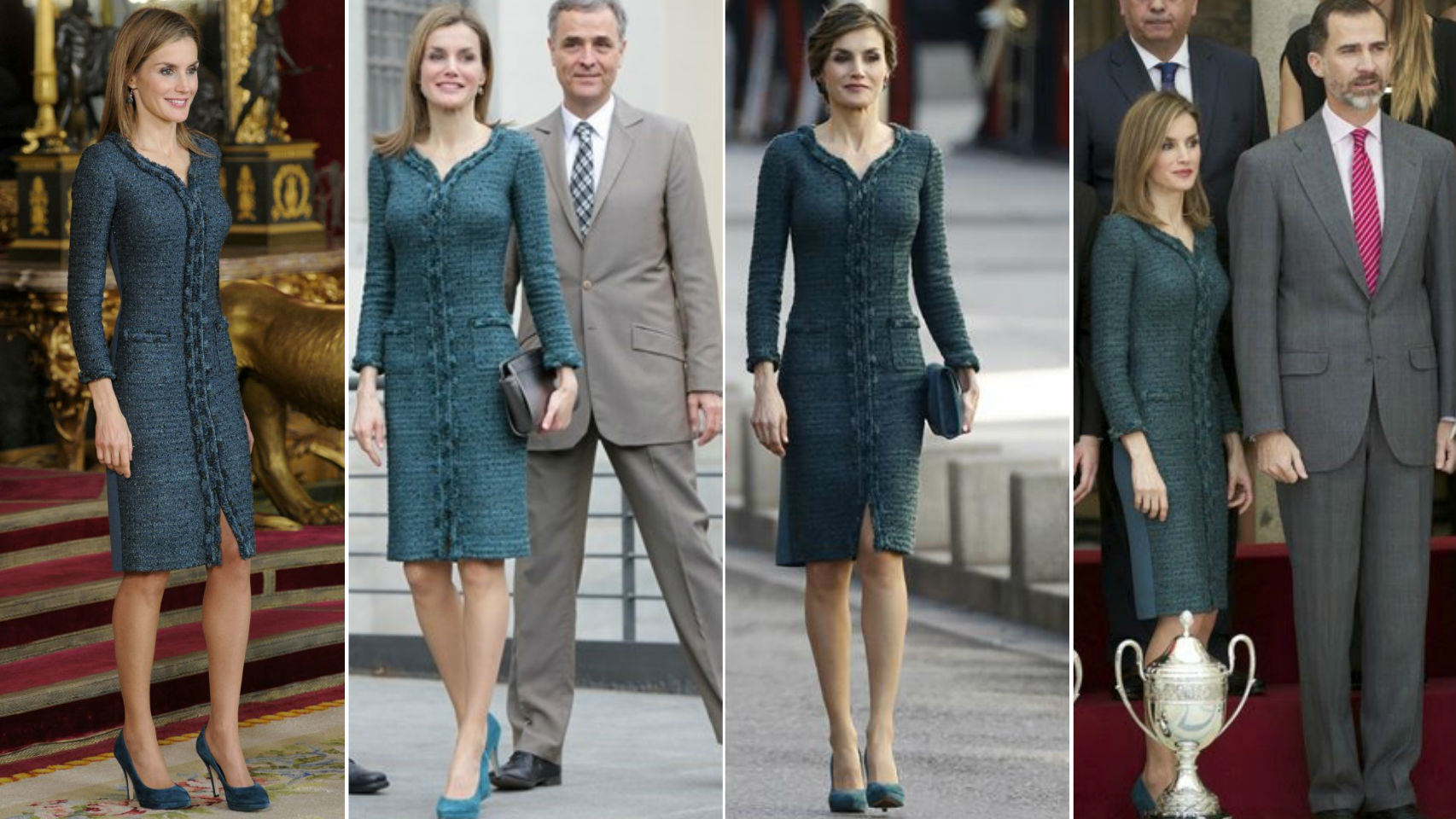 La Reina con el vestido en octubre de 2014 (izqda), marzo 2015, noviembre de 2016 y diciembre de 2014