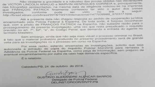 El escrito de la Policía Brasileña que acredita el interrogatorio a Víctor.