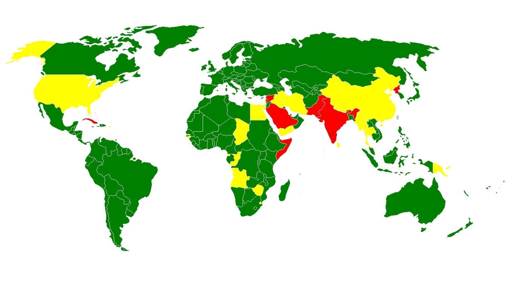 Mapa de naciones que han firmado y ratificado, solo firmado o no firmado el tratado.
