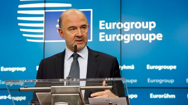 El comisario Moscovici, durante la rueda de prensa final del Eurogrupo