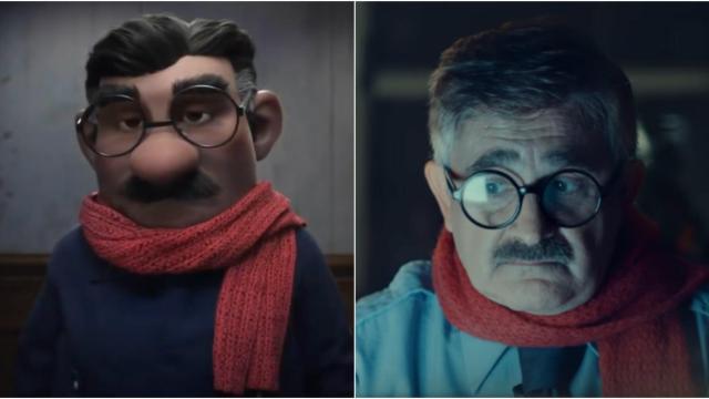 A la izquierda, Justino; a la derecha, el entrañable personaje en una escena del anuncio de Pornhub.