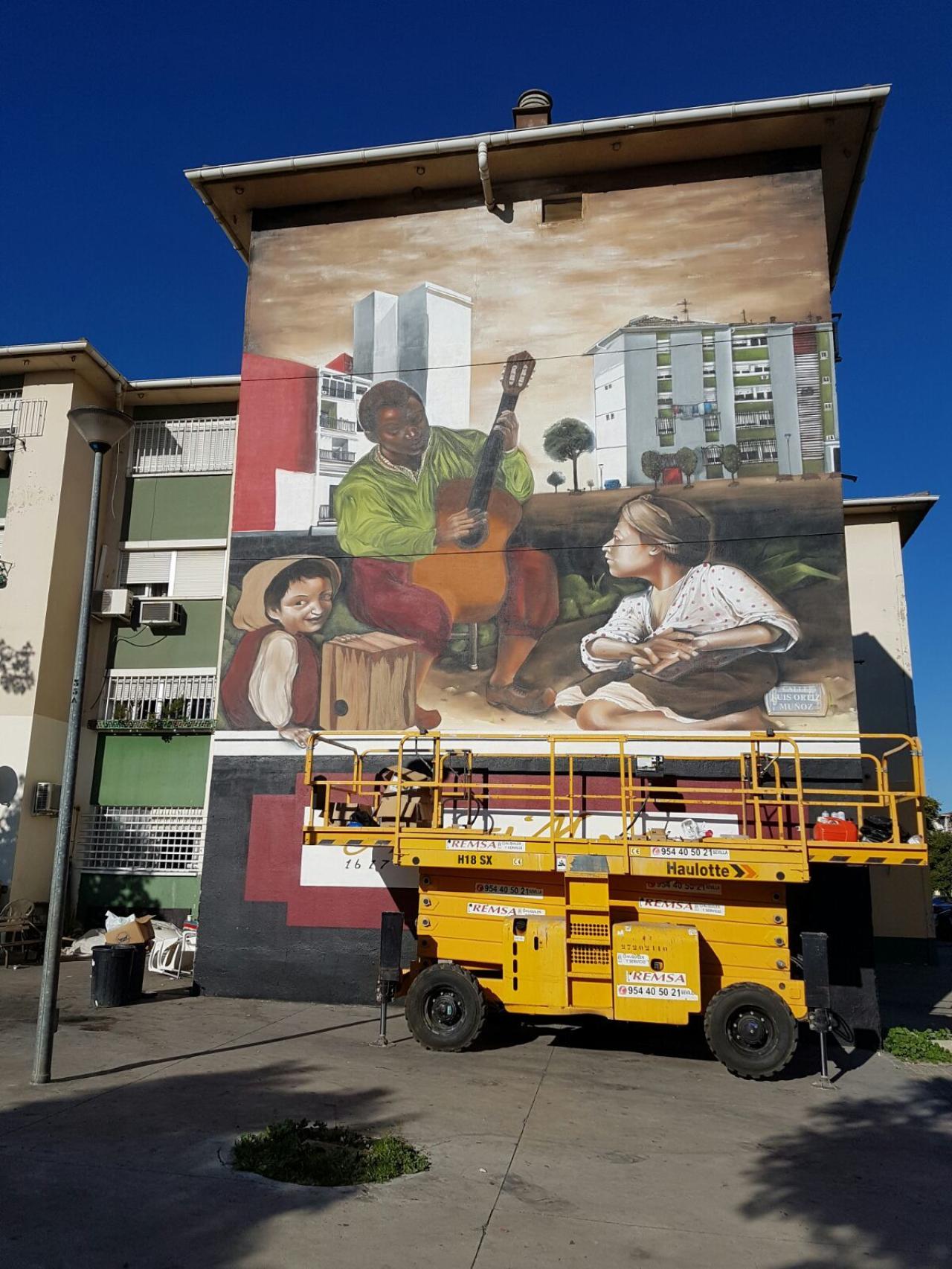 Tres muchachos, de Murillo, reinventado en forma de grafiti en la barriada sevillana.