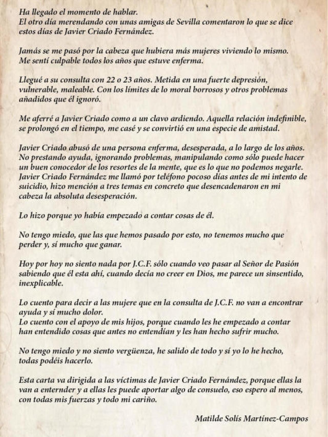 La carta íntegra de Matilde Solís.