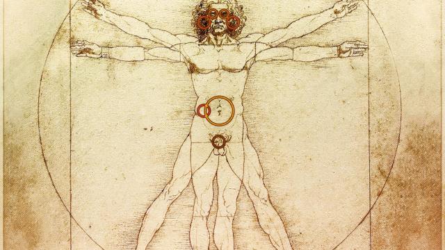 El hombre de Vitruvio, con los rincones marcados.