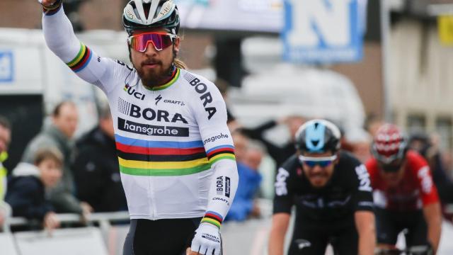 Peter Sagan al cruzar la línea de meta de la Kuurne-Bruselas-Kuurne.