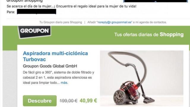 El email promocional que ha mandado Groupon a sus clientes para el Día de la Mujer.