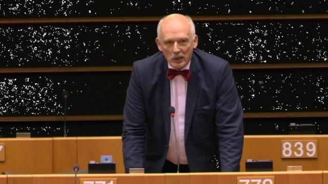 El eurodiputado polaco Janusz Korwin-Mikke durante su intervención en defensa de la brecha salarial.