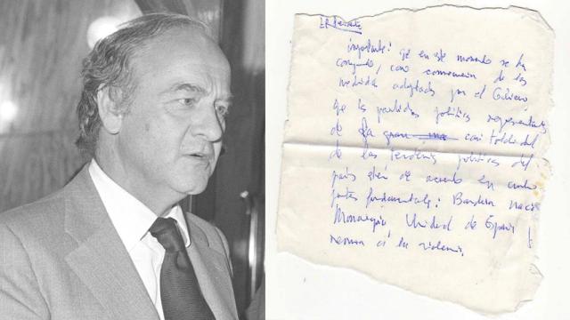 Armero, el abogado conciliador, apuntó las exigencias de Suárez en este pedazo de servilleta: aceptación de la bandera rojigualda, de la monarquía, de la unidad de España y rechazo a la violencia.