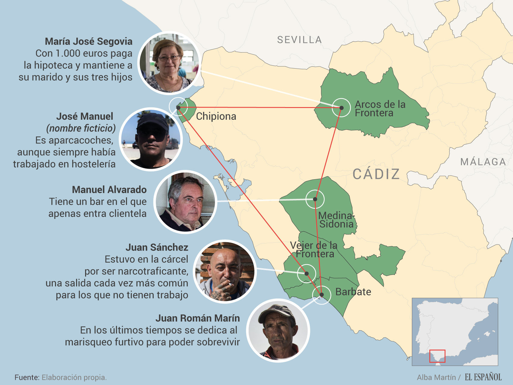 Este es el 'pentágono' del paro en España. Cinco de los pueblos con más desempleo en el país están en Cádiz.