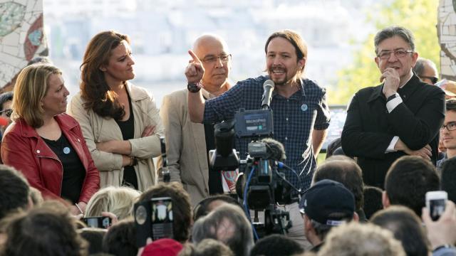 Jean-Luc Mélenchon (d), Marisa Matías (2i) Danielle Simonnet (i) y Pablo Iglesias.