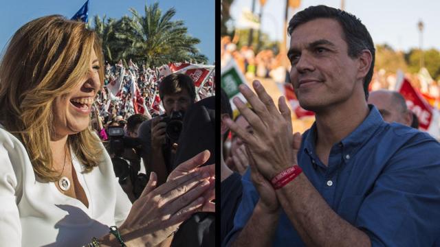 Susana Diaz y Pedro Sánchez, durante sus mítines de este viernes.