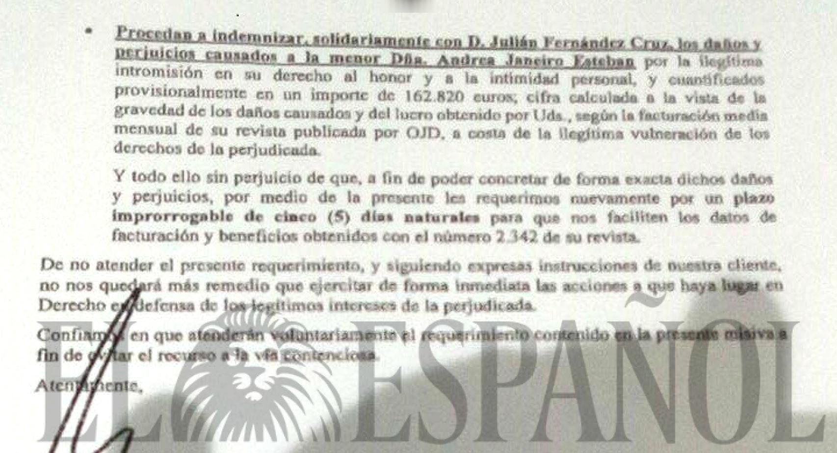 Extracto de uno de los requerimientos remitidos por los abogados del clan Esteban.