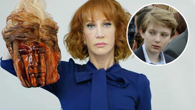 Montaje de la cómoica Kathy Griffin y Barron Trump.