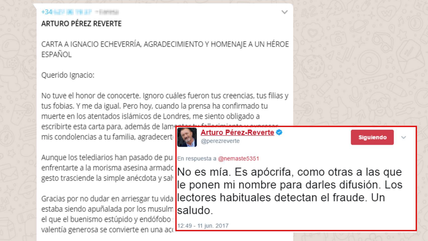 Pérez-Reverte niega la autoría del mensaje viral.