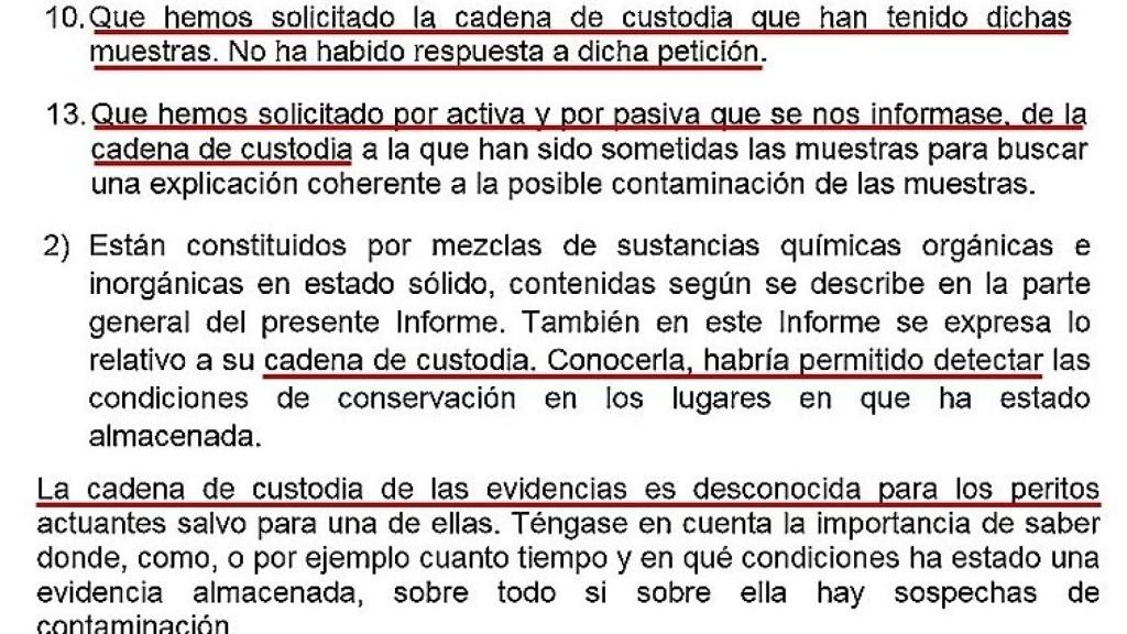 Textos incluidos en el acta por varios peritos intervinientes en la pericial de explosivos realizada por orden del Tribunal en mayo de 2007, con referencias a la carencia de cadena de custodia de las muestras.