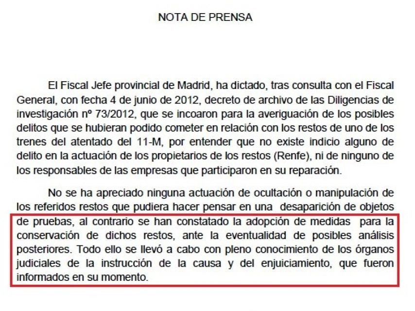 Nota de prensa de la Fiscalía de Madrid. Los restos que en ella se citan, tan importantes para la Fiscalía en 2012, jamás fueron ni siquiera mencionados en la instrucción, ni en el juicio ni en la sentencia del 11-M. Pertenecían al tren de Santa Eugenia.